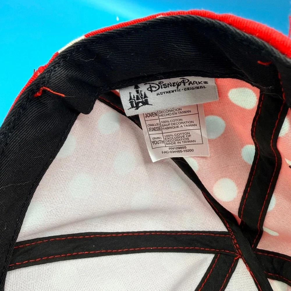 Disney Parks Minnie Mouse Polka Dot Ears Bow Snapback Hat Youth Red Black